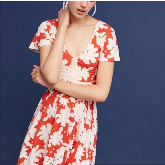 3/$30 ANTHROPLOGIE  MAEVE ORANGE FLORAL PRINT RUCHED SUMMER BREEZE SUN DRESS XS - Picture 1 of 16